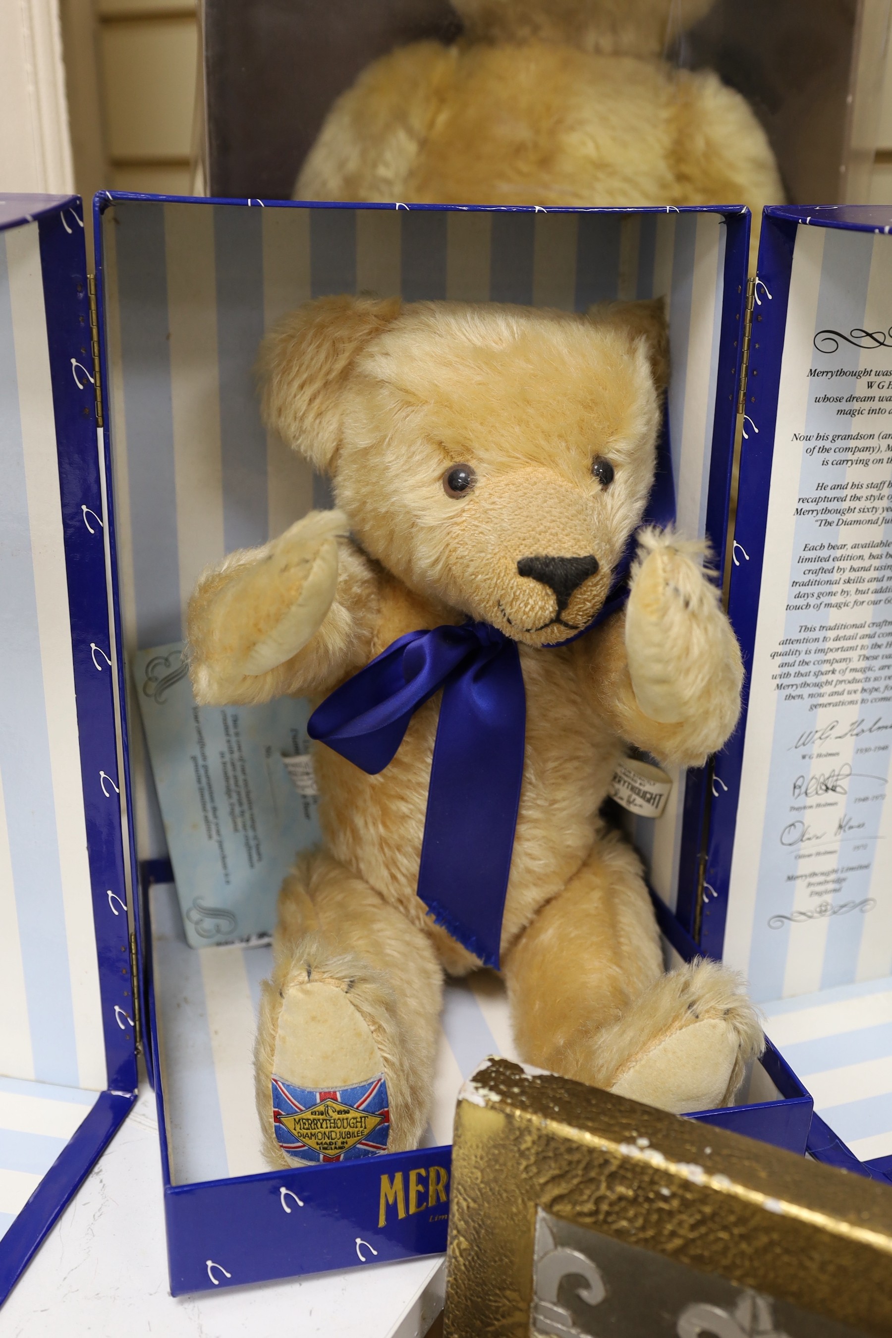 A Steiff 1907 replica teddy bear (boxed) and a Merrythought Diamond Jubilee teddy bear (boxed)